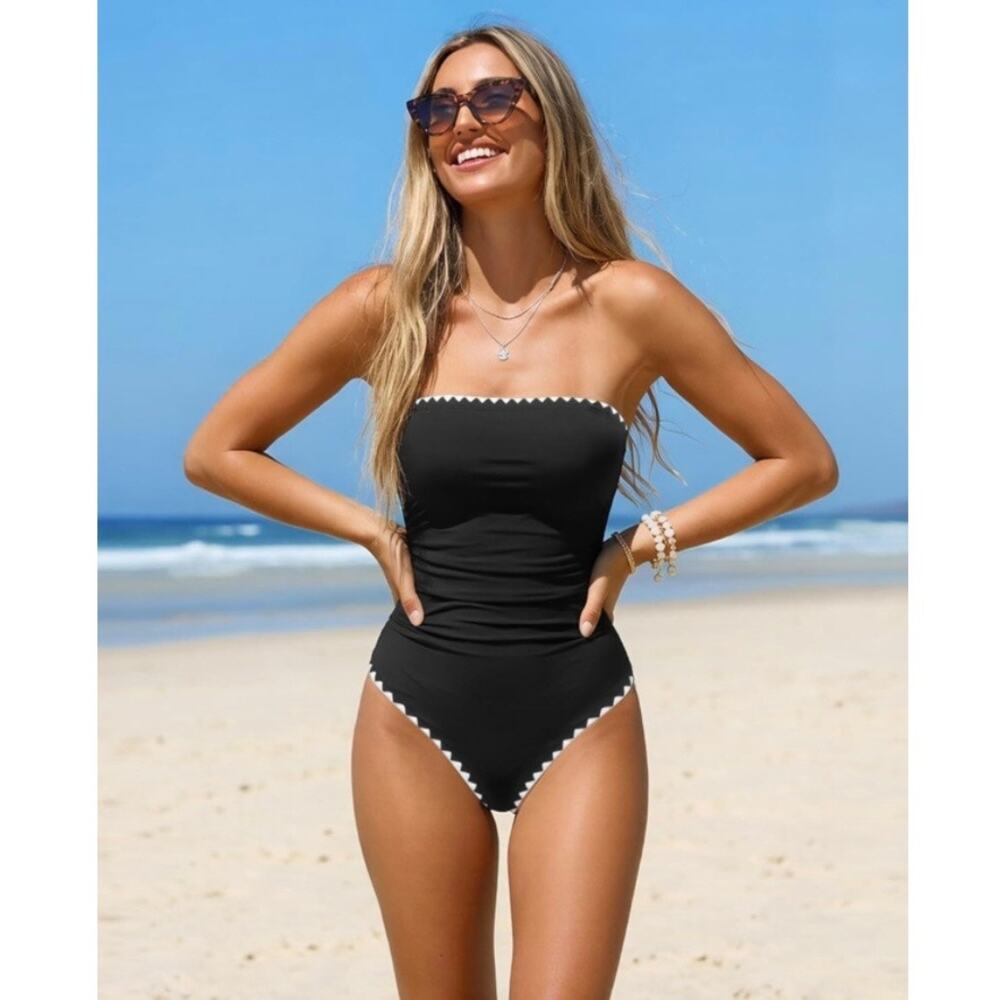 Holipick Women Black Strapless Bandeau One Piece Swimsuit Tummy Control XXL NWT - Picture 3 of 8